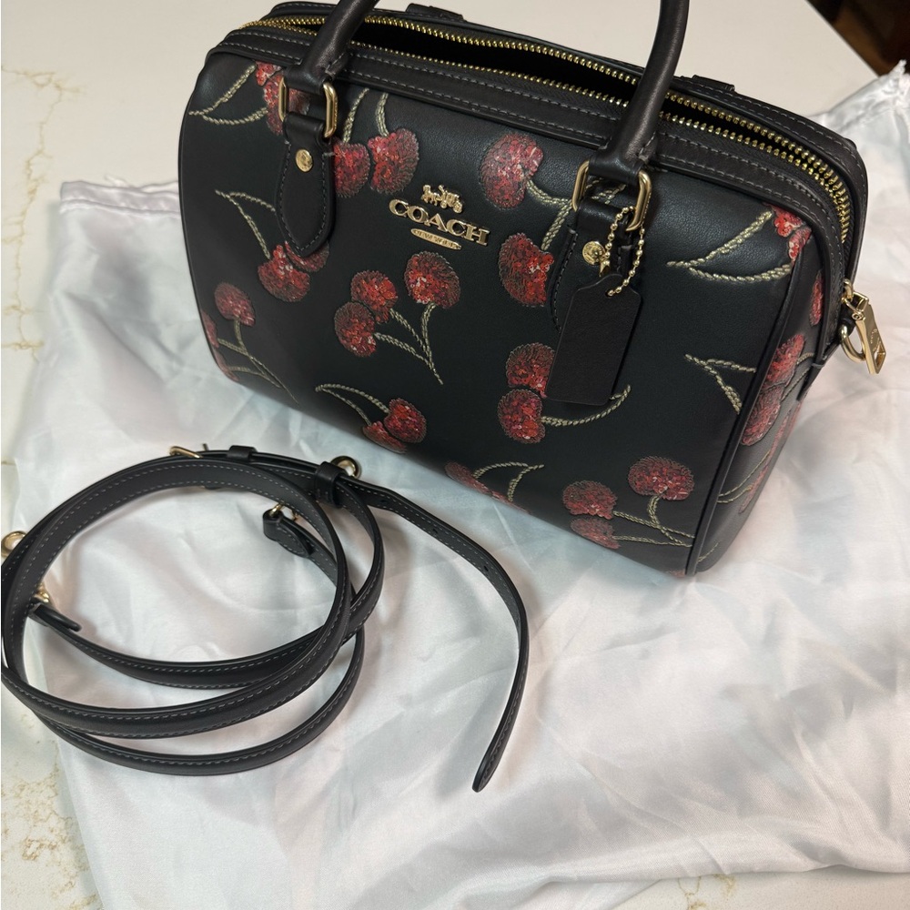 Coach CCZ15 Rowan Satchel Bag in Leather with Cherry Print Black new without tag